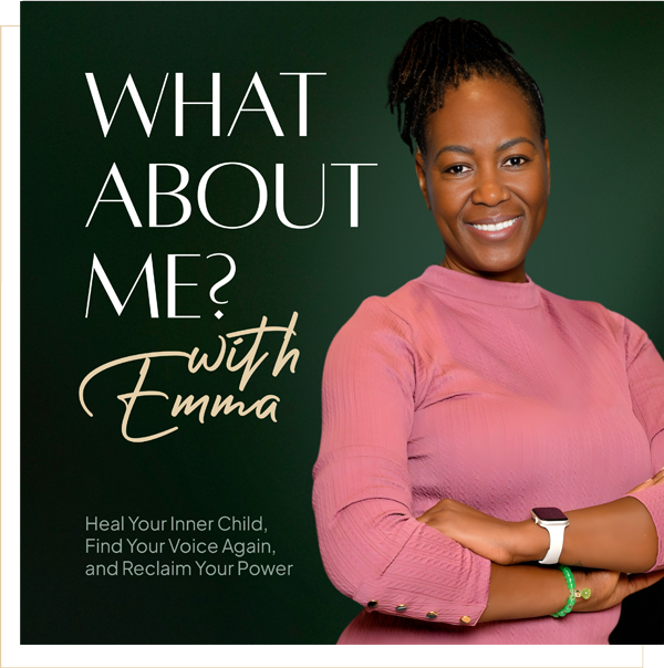 What About Me? What About Me? podcast cover art with a smiling woman in a pink shirt